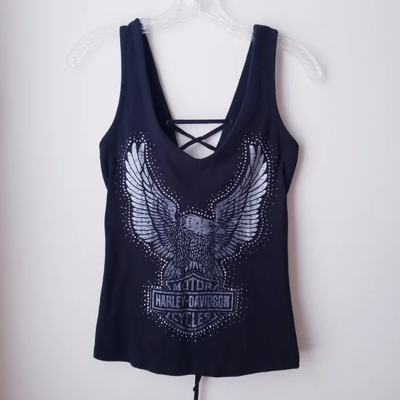 Harley Davidson Black Sleeveless Tank With Back Criss Cross Tie - Picture 2 of 7